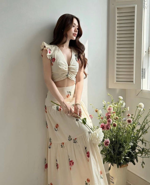 Summer Floral Embroidered Tops and Skirts Sets